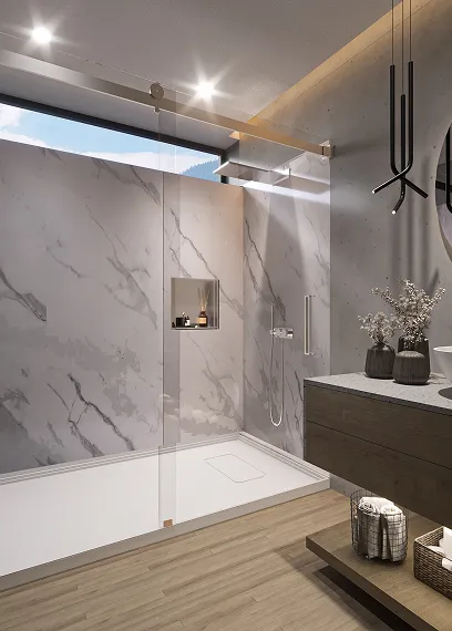 Modern bathroom with a marble shower wall, glass partition, wooden floor, and contemporary vanity.