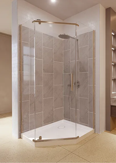 Modern corner shower with glass doors and large rain showerhead in a tiled bathroom corner.