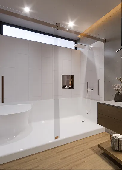 Modern bathroom with a white walk-in shower, glass door, built-in shelf, and wooden floor.