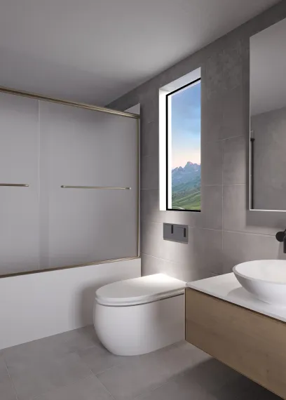 Modern bathroom with toilet, frosted glass shower door, round sink, and window showing mountain view.