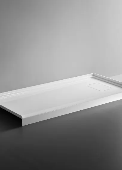 Minimalist white rectangular shower base with a square drain and raised edges on a gray background.