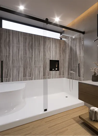 Modern bathroom with wood-textured walls, a white shower base, glass door, and wooden floor panels.