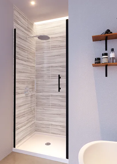 Modern shower with glass door, gray marble tiles, overhead rain shower, and wall shelves nearby.