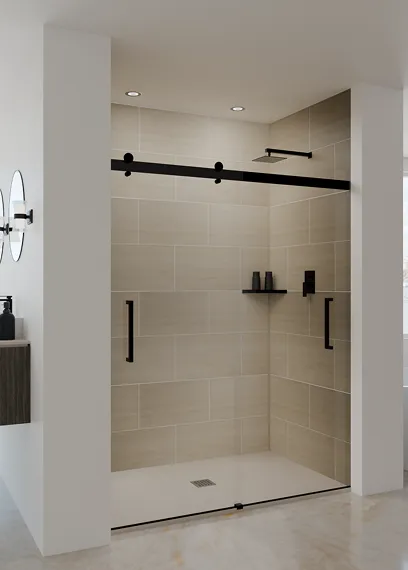 Modern walk-in shower with beige tiles, black fixtures, glass door, and recessed ceiling lights.
