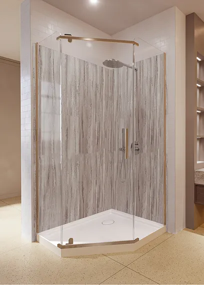 Modern corner shower with glass doors and wood-grain wall panels in a sleek bathroom.