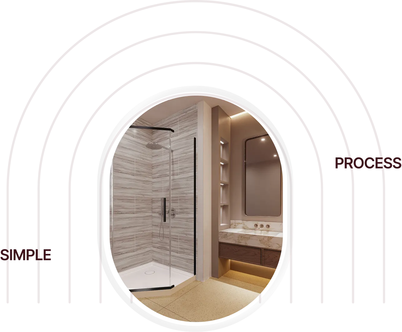 Modern bathroom with glass shower enclosure, marble sink countertop, and built-in shelves under soft lighting.