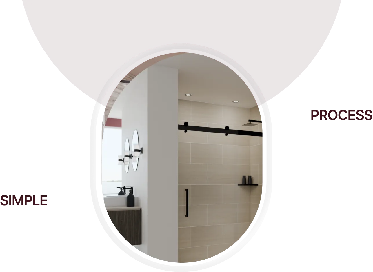 Modern bathroom with beige tiled shower, black fixtures, round mirrors, and a wooden vanity.