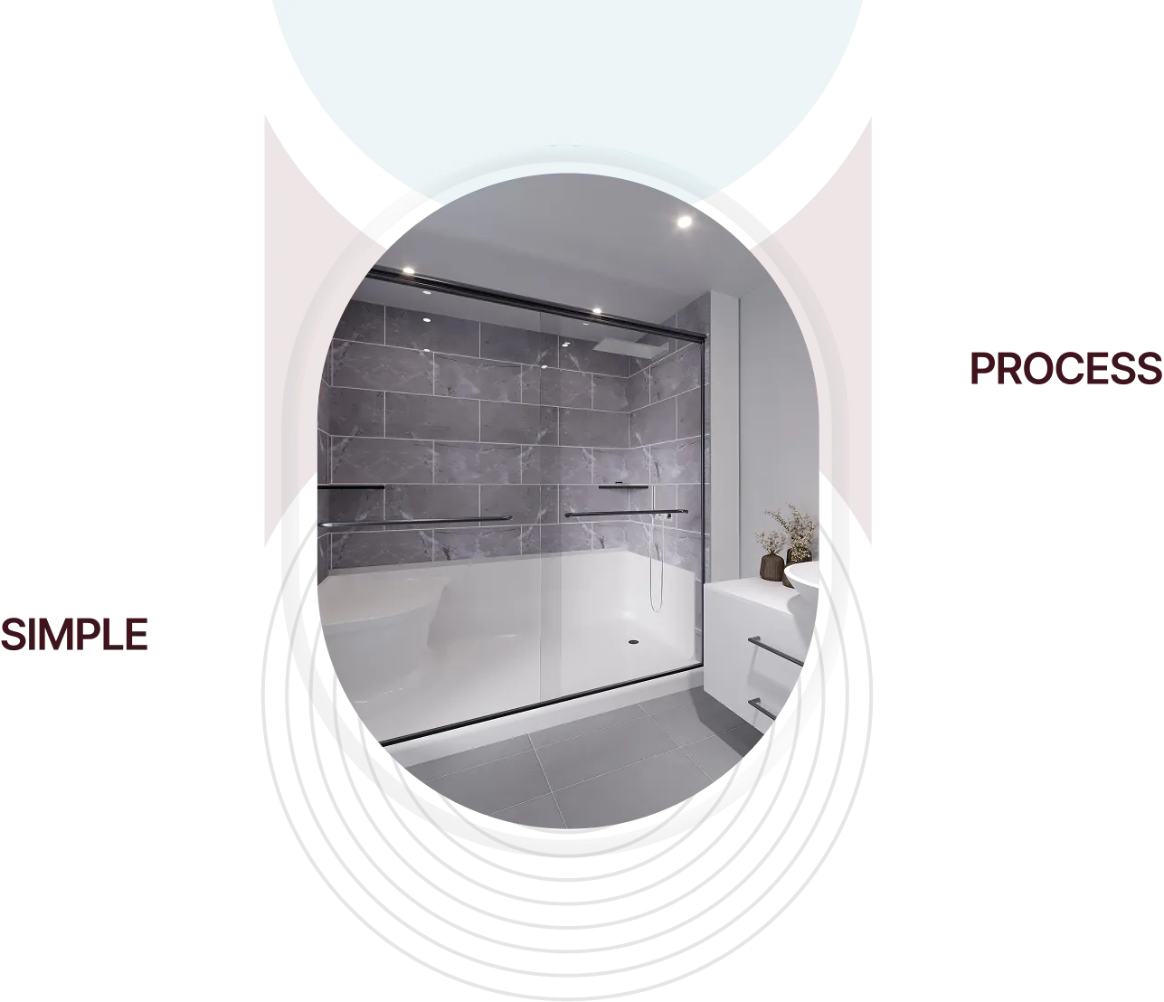 Modern bathroom with glass shower enclosure, grey tiled walls, and white fixtures with plants on counter.