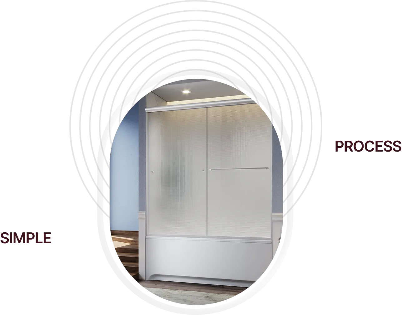 Modern shower enclosure with frosted glass panels and a built-in overhead light in a bathroom.
