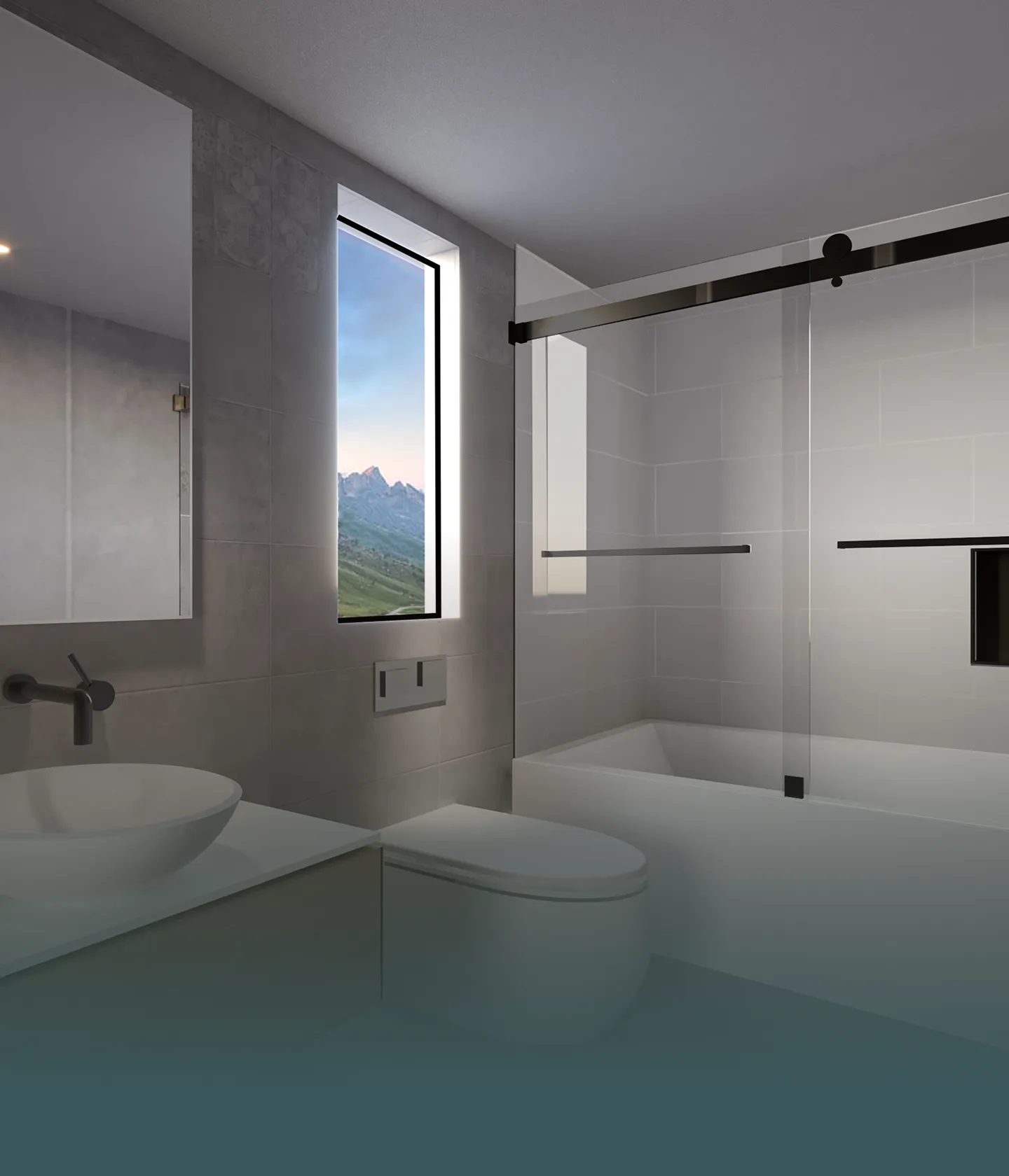 Modern bathroom with a white sink, toilet, bathtub with glass sliding doors, and a window showing mountain view.