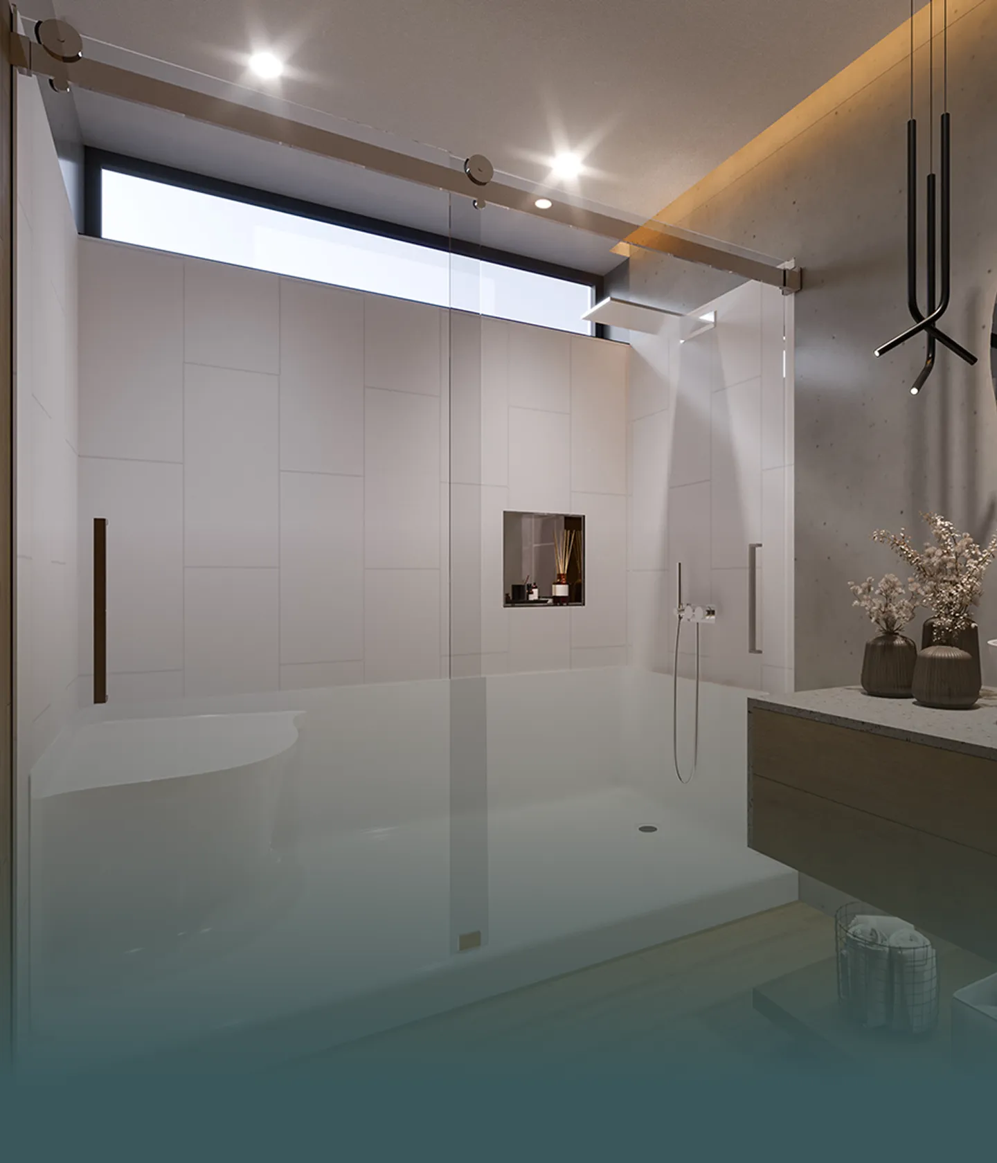 Modern bathroom with glass shower enclosure, white tiled walls, and a vanity with decorative vases.