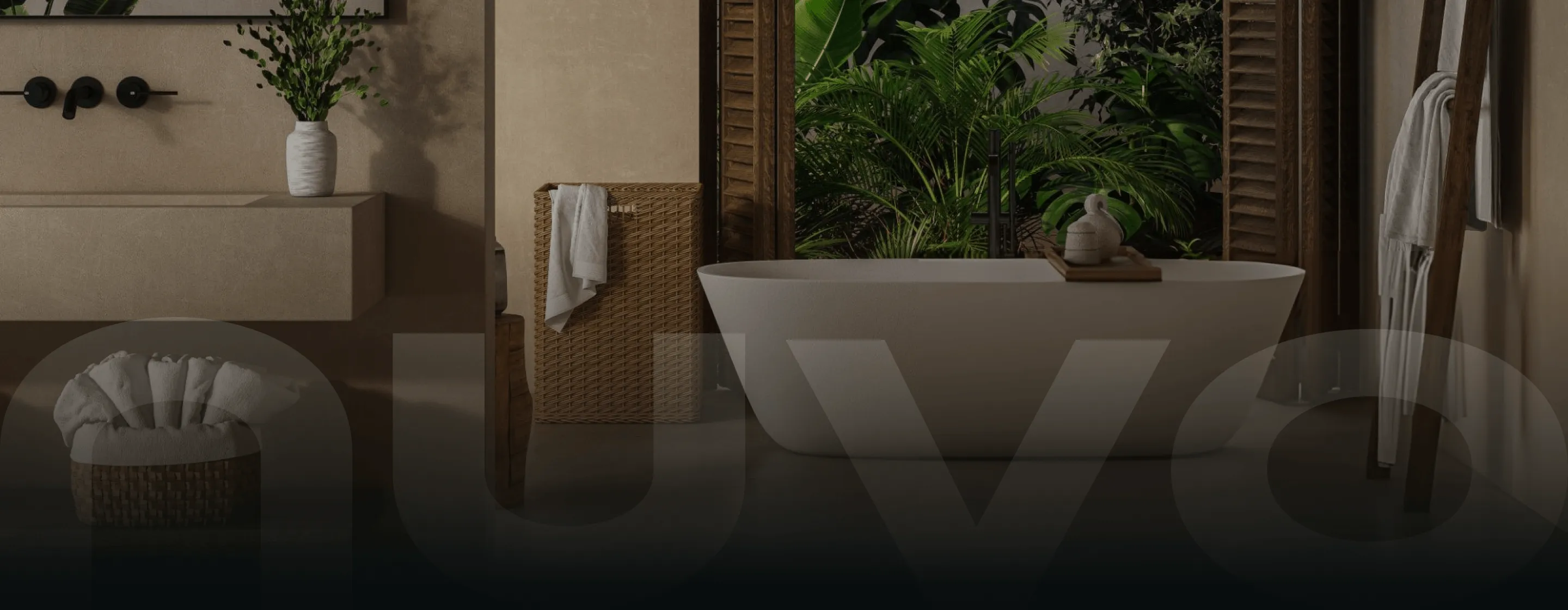 Modern bathroom interior with white freestanding tub, wooden accents, green plants, and towels.