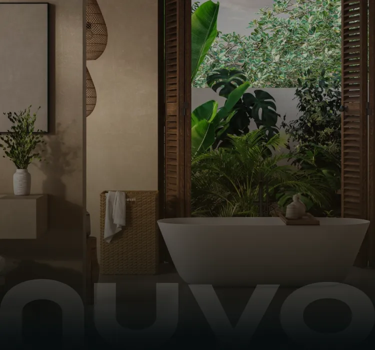 Bathtub next to open wooden shutters revealing lush tropical plants outside a bathroom.