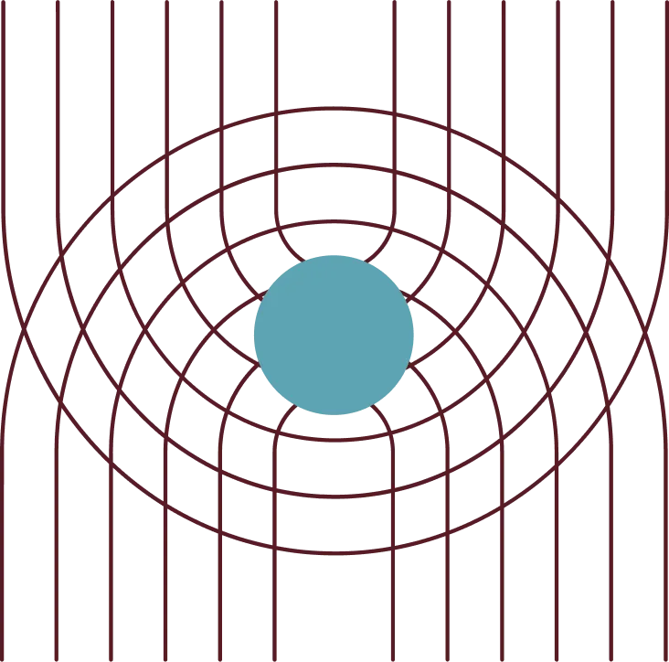 Blue solid circle at the center with intersecting curved reddish-brown grid lines on black background.