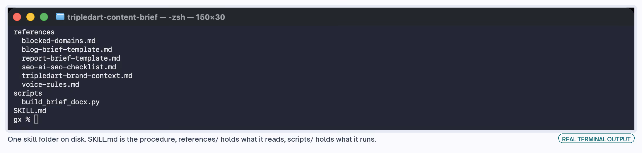 One skill folder on disk holds SKILL.md, a references directory of six markdown files, and a scripts directory with one Python file.