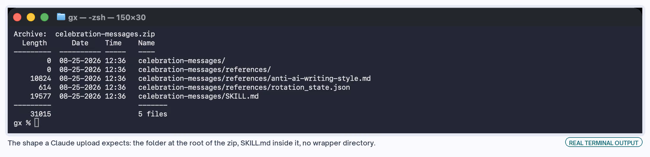 A correctly built archive opens onto the skill folder, with SKILL.md one level down inside it and no wrapper directory.