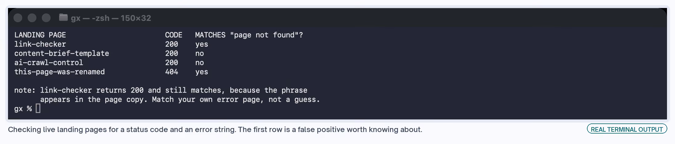 A landing page check across four live URLs. One returns a healthy 200 and still matches the error string, because the phrase appears in its own copy.