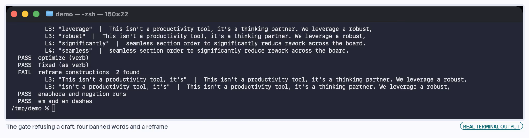 The gate refusing a draft: banned words leverage, robust, significantly and seamless, plus two reframe constructions found.