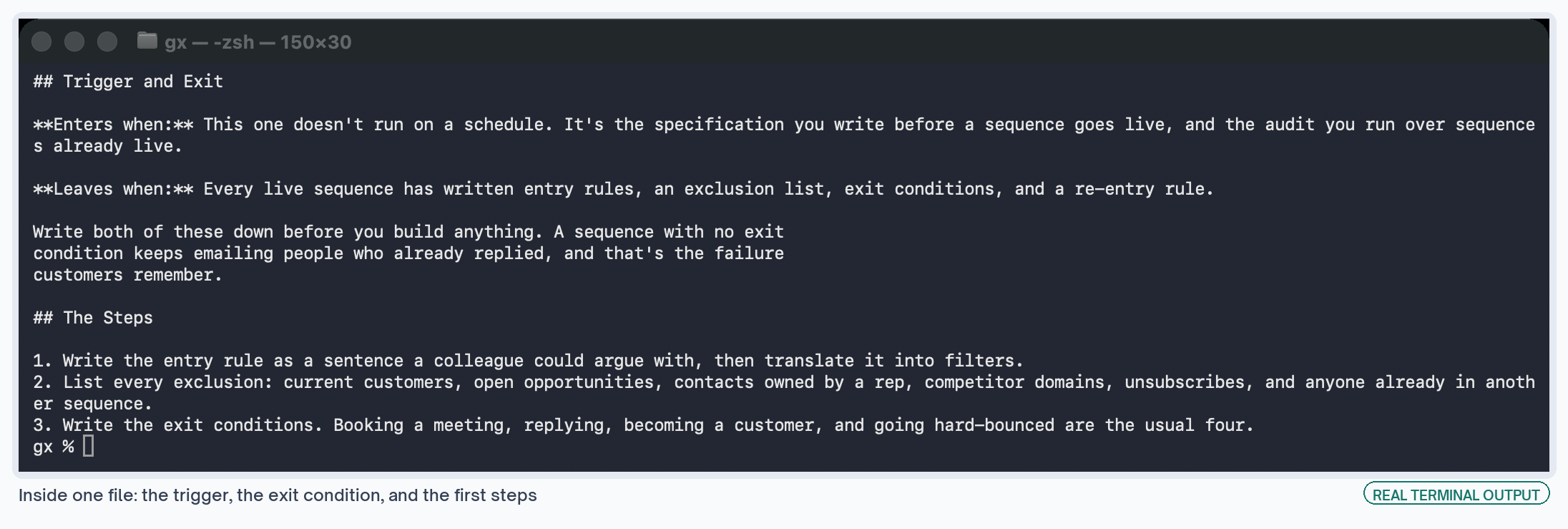 A workflow spec open at its trigger and exit conditions, followed by the first numbered steps.