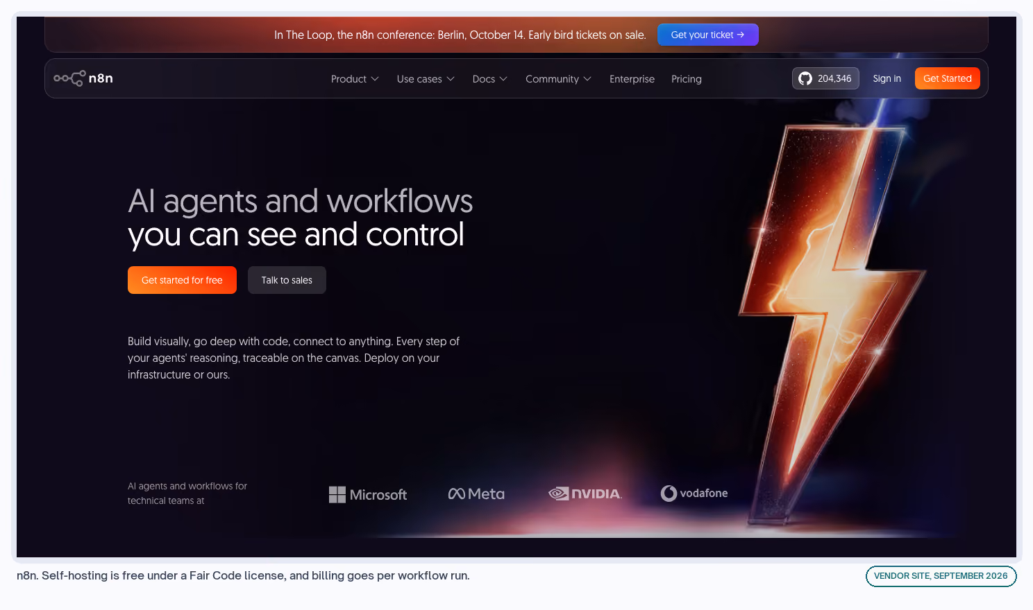 n8n. Self-hosting is free under a Fair Code license, and billing goes per workflow run.