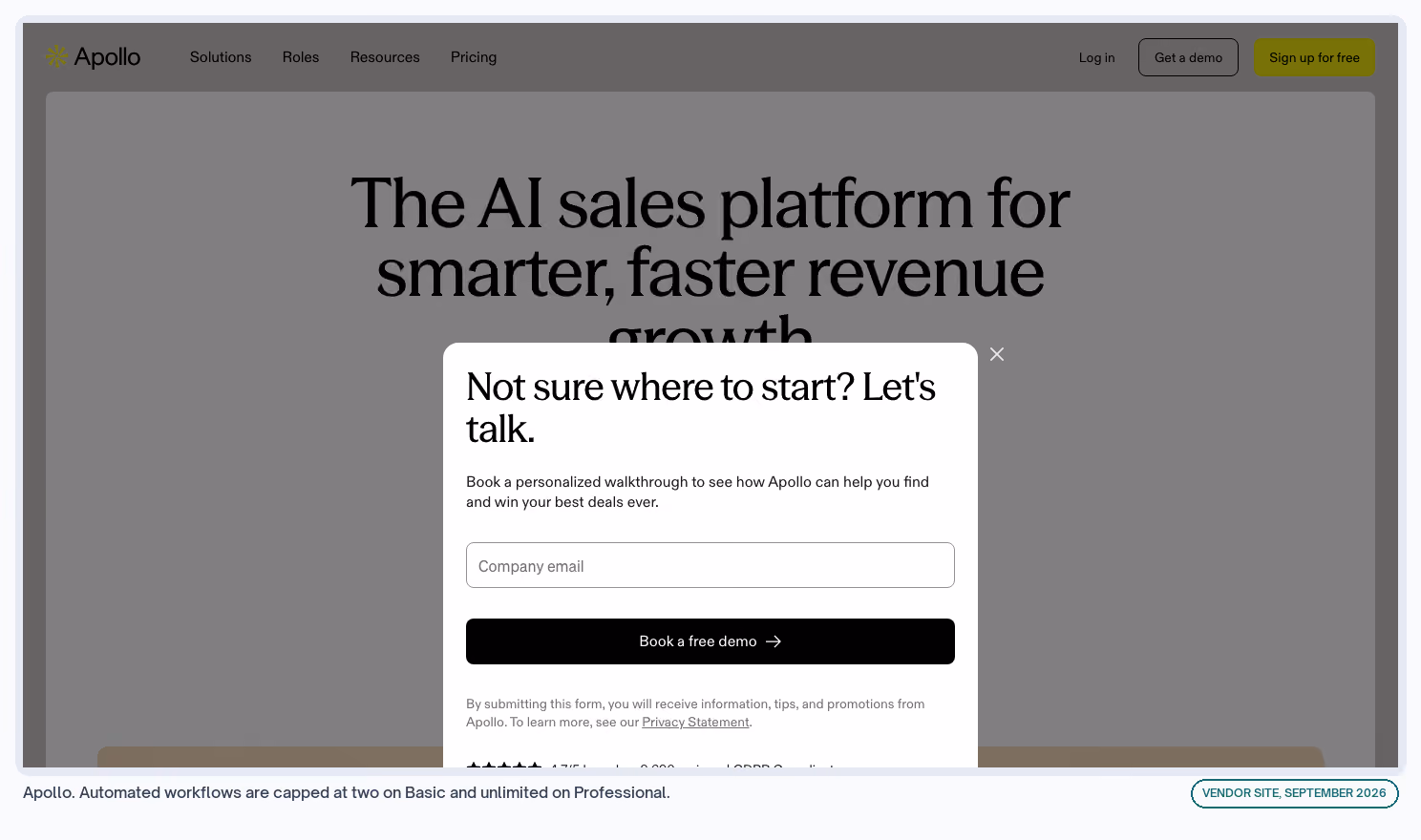 Apollo. Automated workflows are capped at two on Basic and unlimited on Professional.