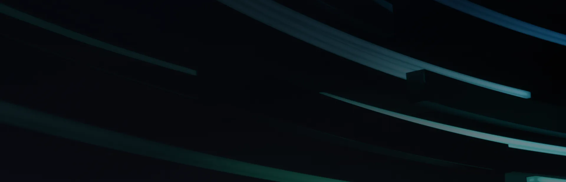 Abstract dark image with horizontal glowing blue and green neon lines and geometric shapes.
