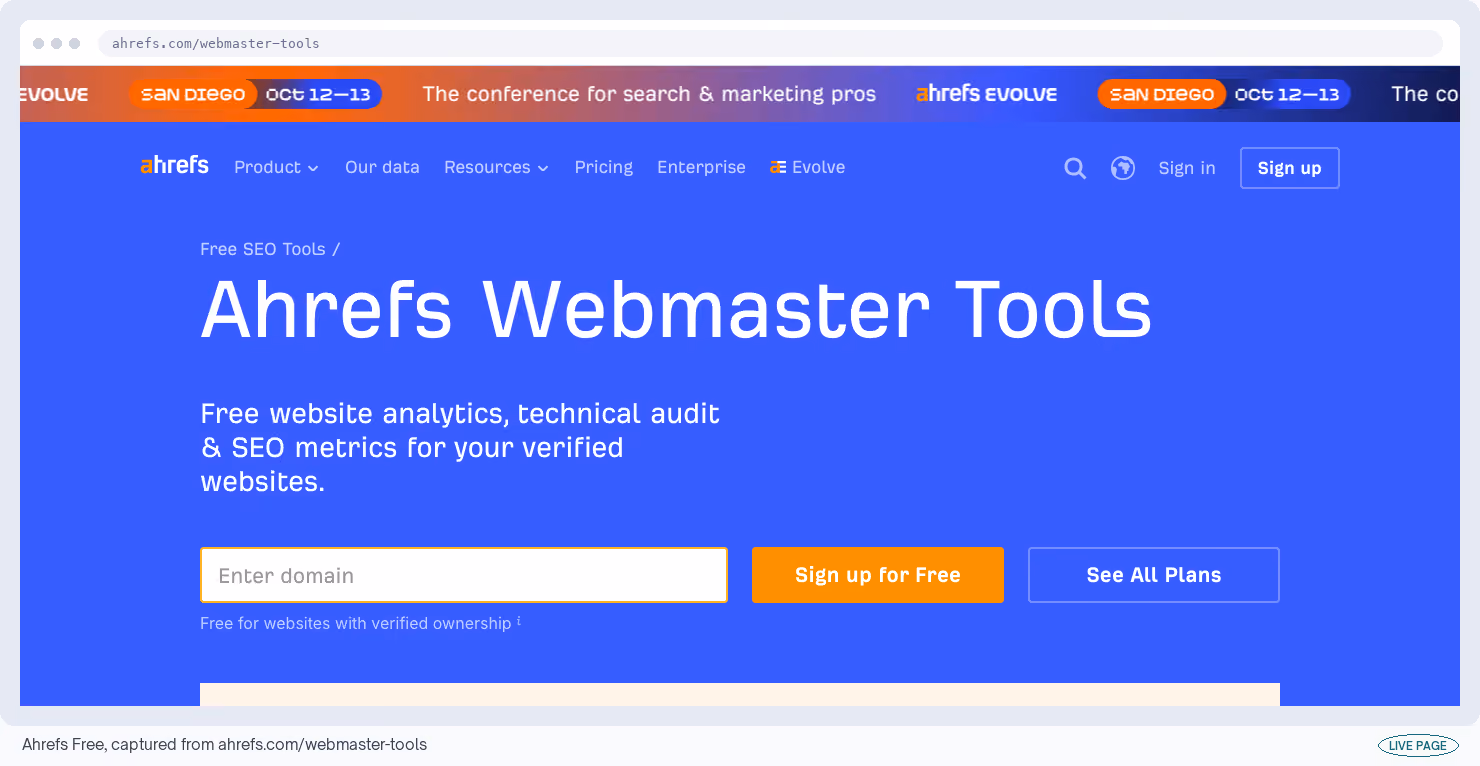 Ahrefs Free, captured from its own site