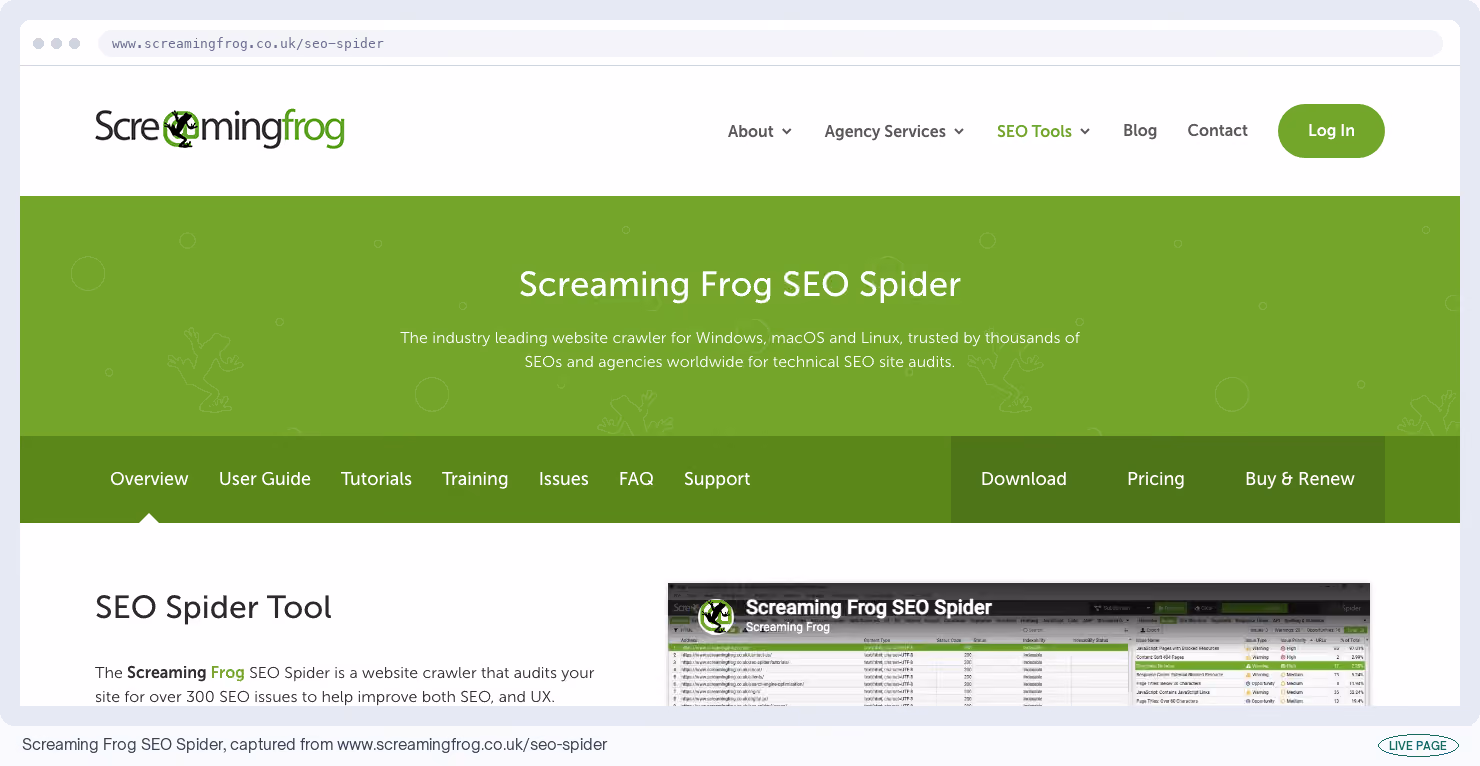 Screaming Frog SEO Spider, captured from its own site