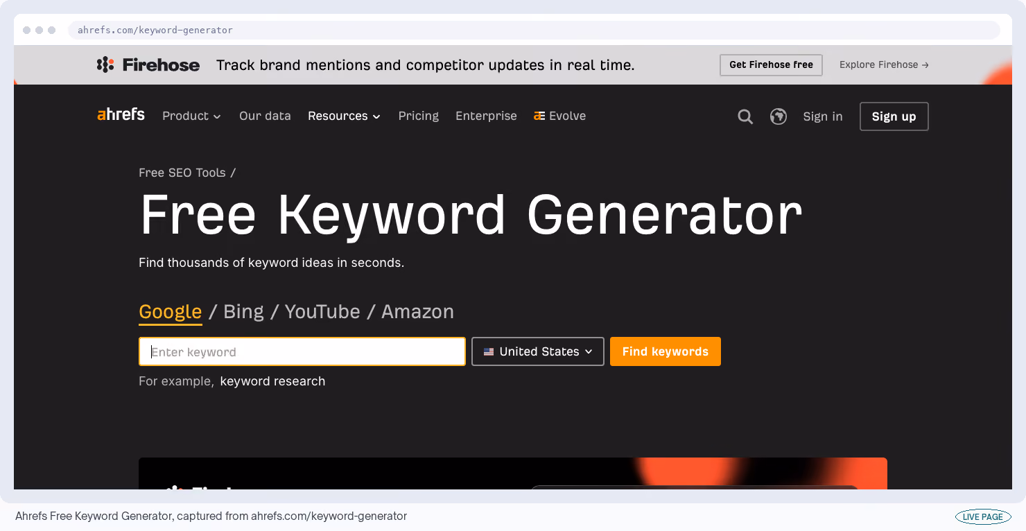 Ahrefs Free Keyword Generator, captured from its own site
