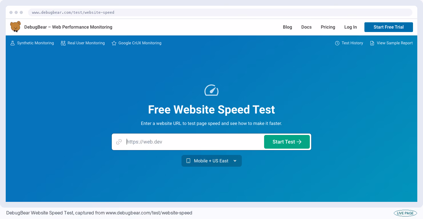 DebugBear Website Speed Test, captured from its own site
