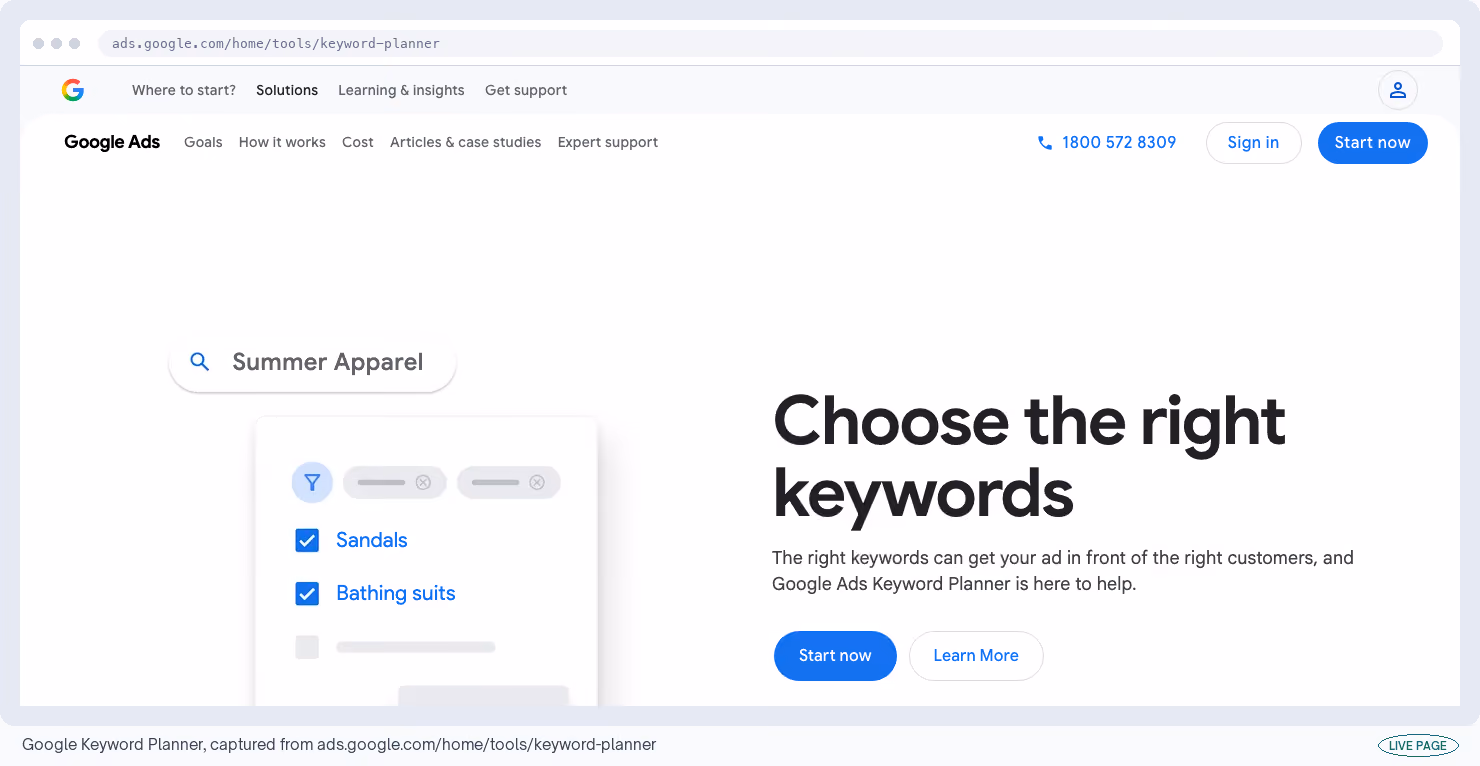 Google Keyword Planner, captured from its own site