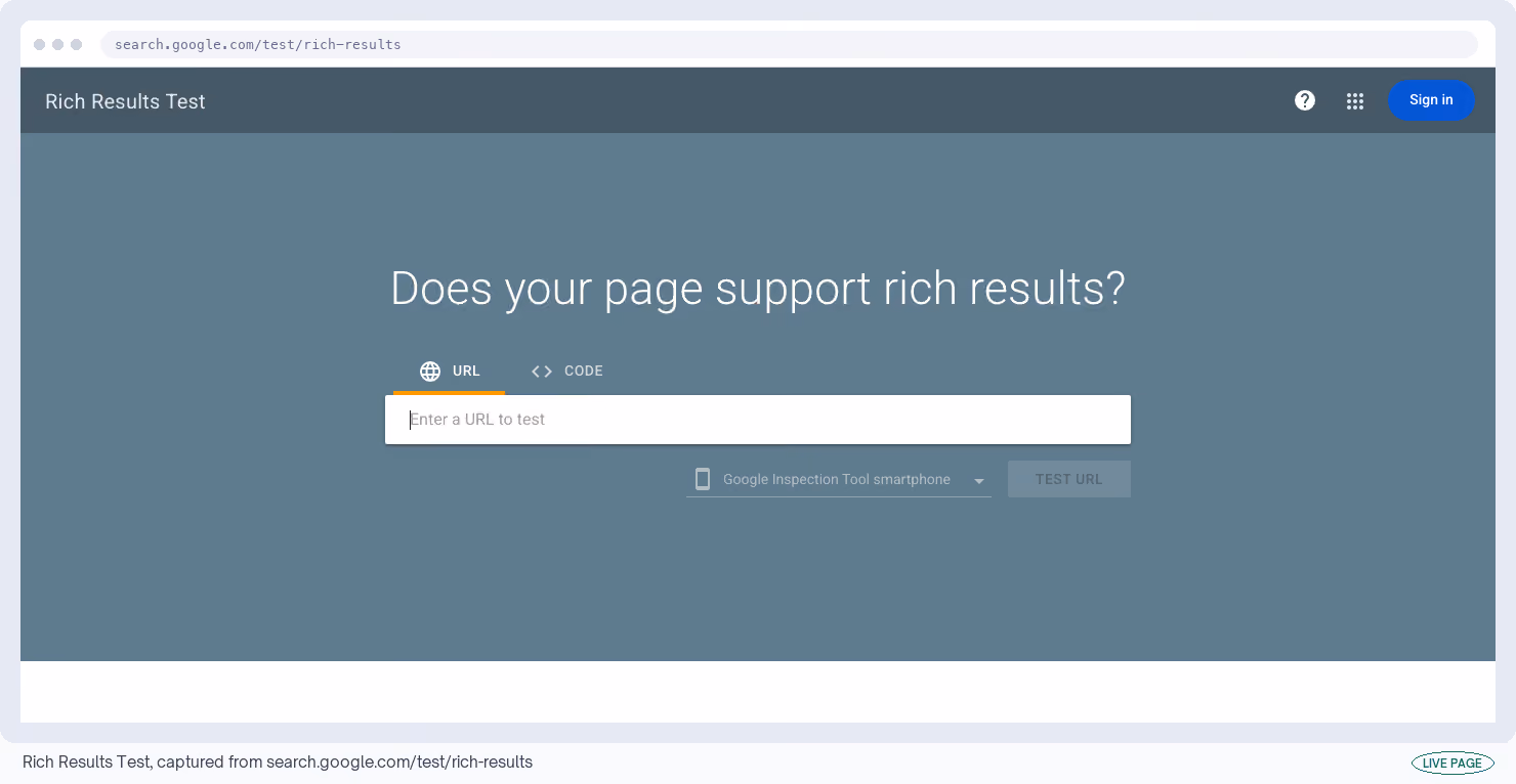 Rich Results Test, captured from its own site