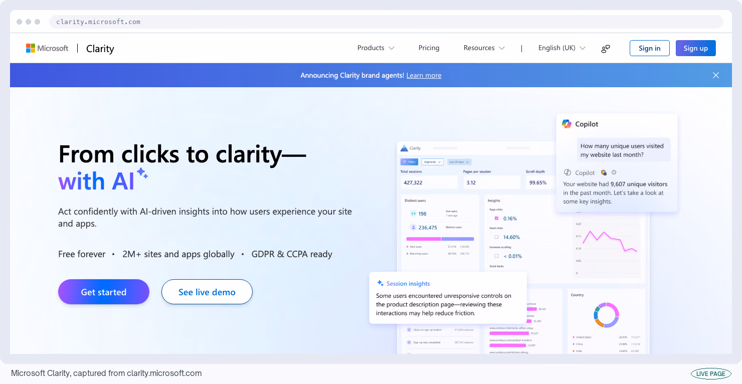 Microsoft Clarity, captured from its own site
