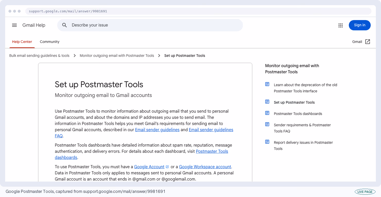Google Postmaster Tools, captured from its own site