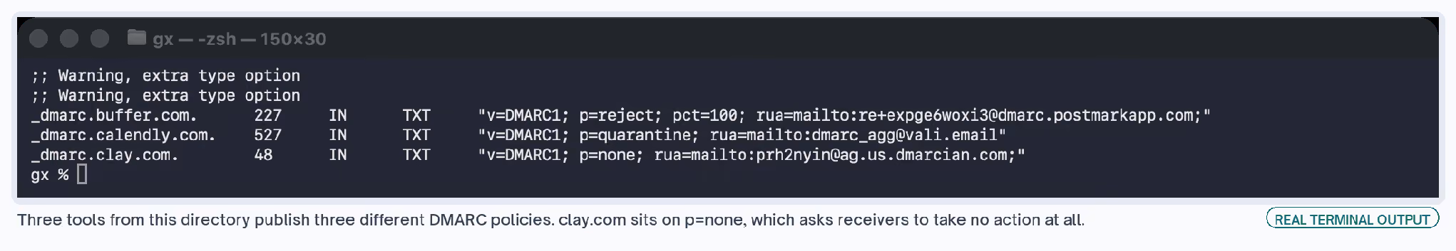 Terminal output showing three different DMARC policies for buffer.com, calendly.com and clay.com.