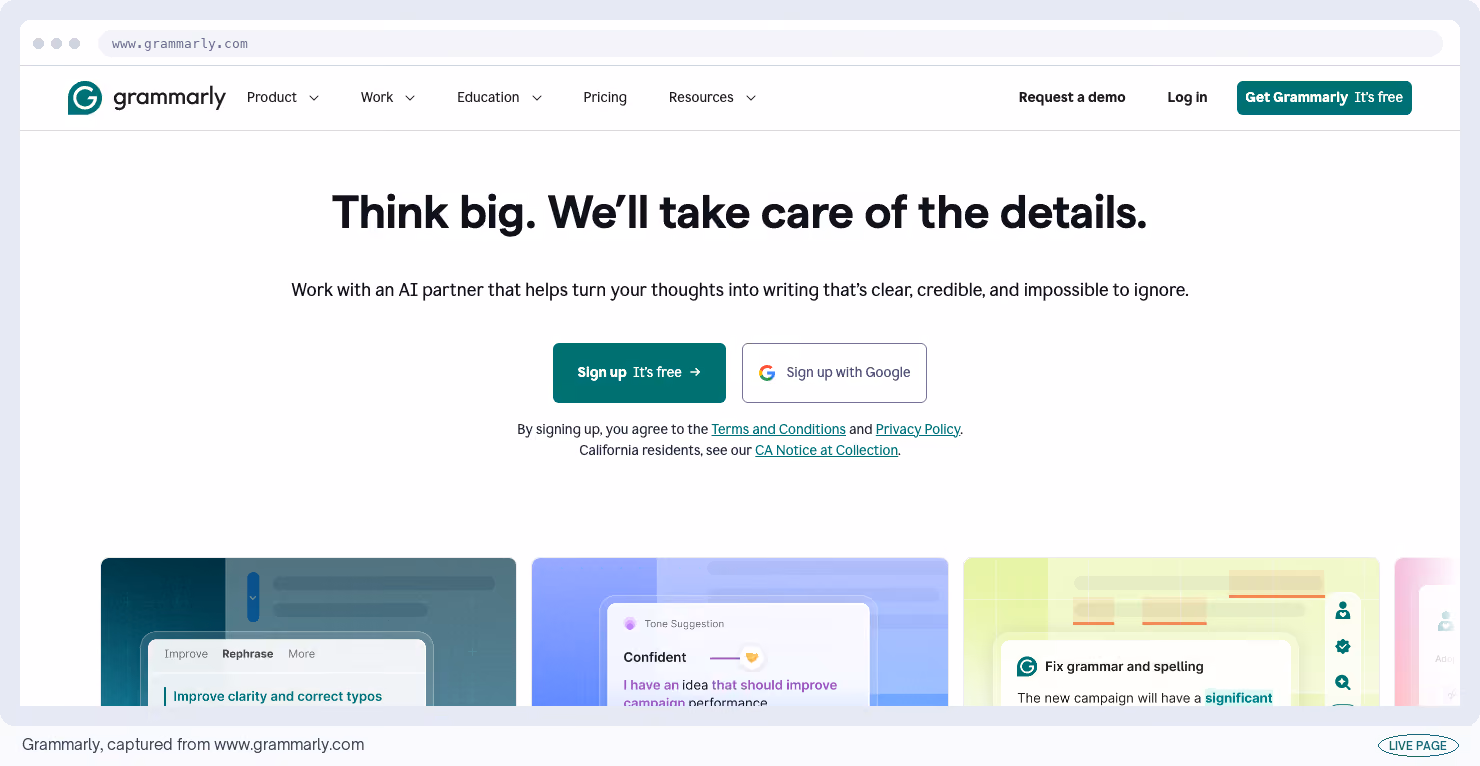 Grammarly, captured from its own site