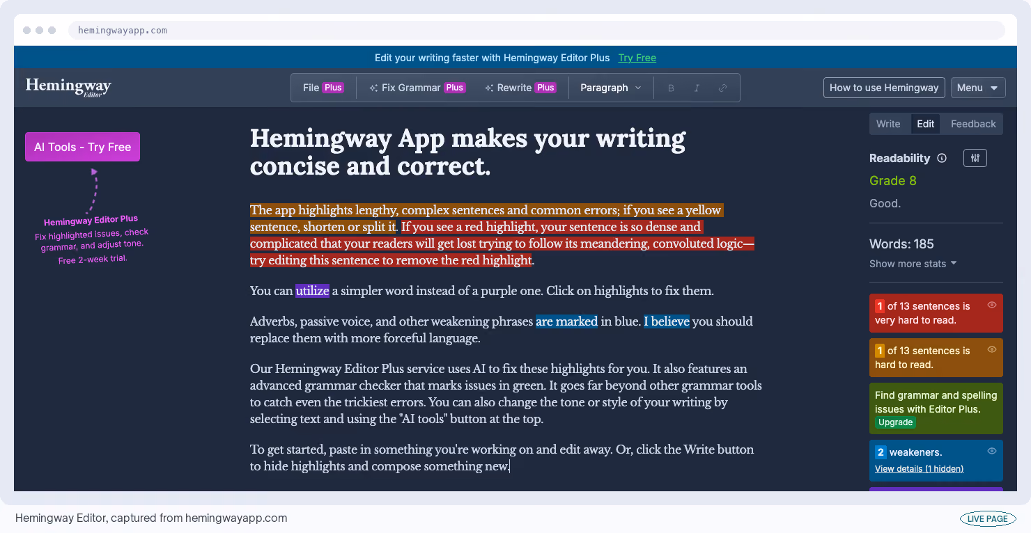 Hemingway Editor, captured from its own site