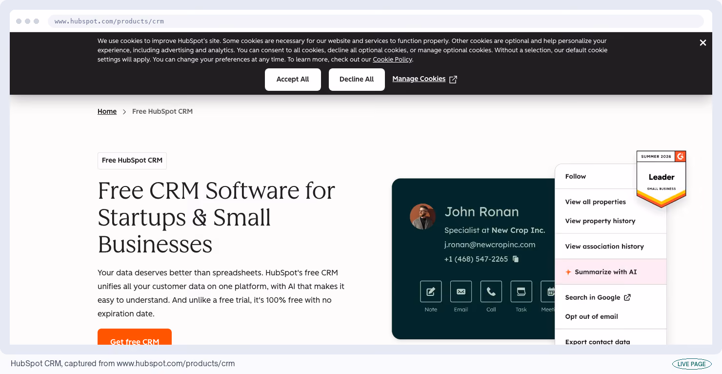 HubSpot CRM, captured from its own site