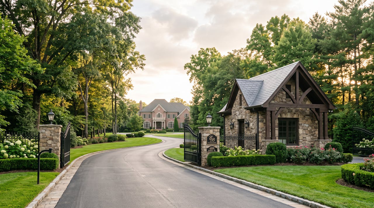 Upscale gated golf community entrance in Brentwood