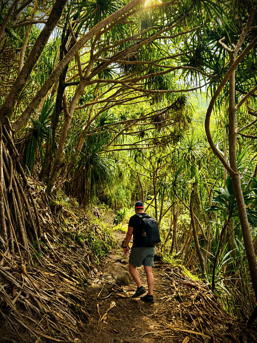 Hiker walking beneath a canopy of hala trees on a jungle trail in Kauai.