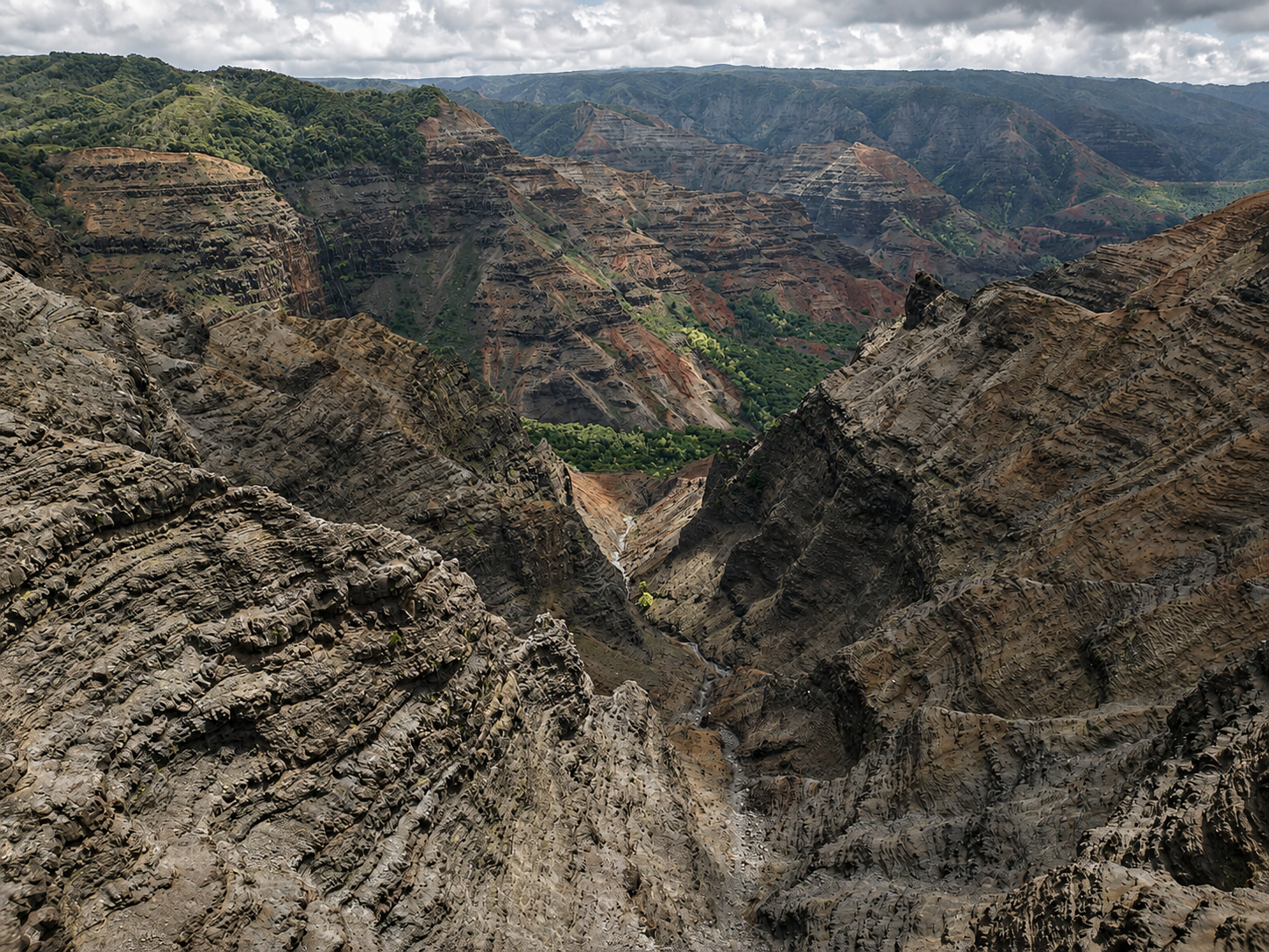 Aerial view of Waimea Canyon's layered red-rock ridges on Kauai, Hawaii.