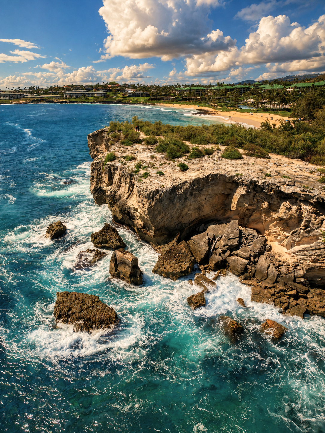 Aerial view of a rocky coastal point and turquoise cove on Kauai, Hawaii.
