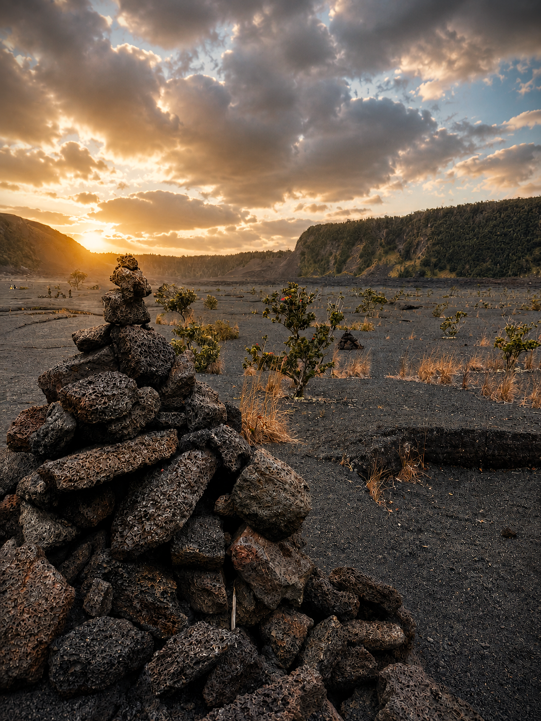 Stacked lava rock cairn on the Kilauea Iki crater floor at sunset, Hawaii Volcanoes National Park.