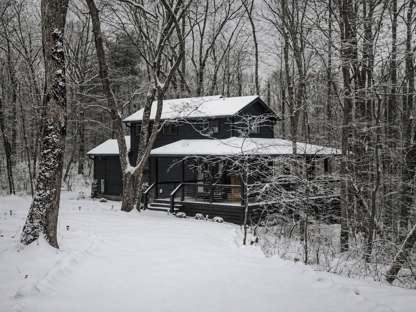 Dark wood tiny cabin with a covered porch nestled in snow-covered woods at Sleepy Hollow.