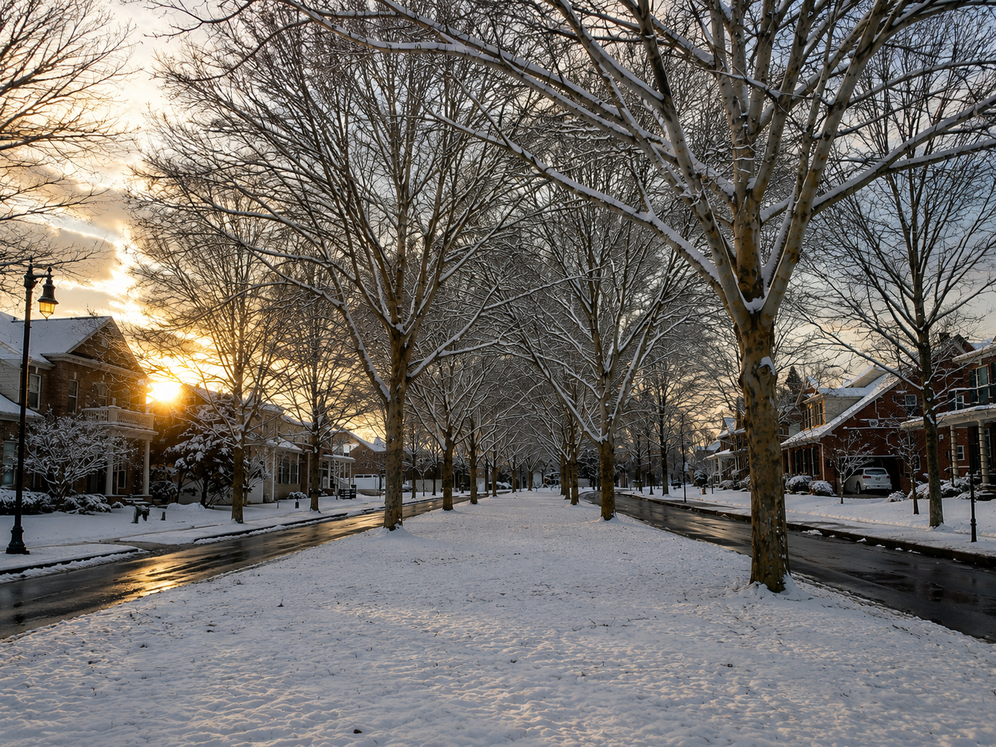 Snow-covered residential street lined with bare trees glowing at sunrise.