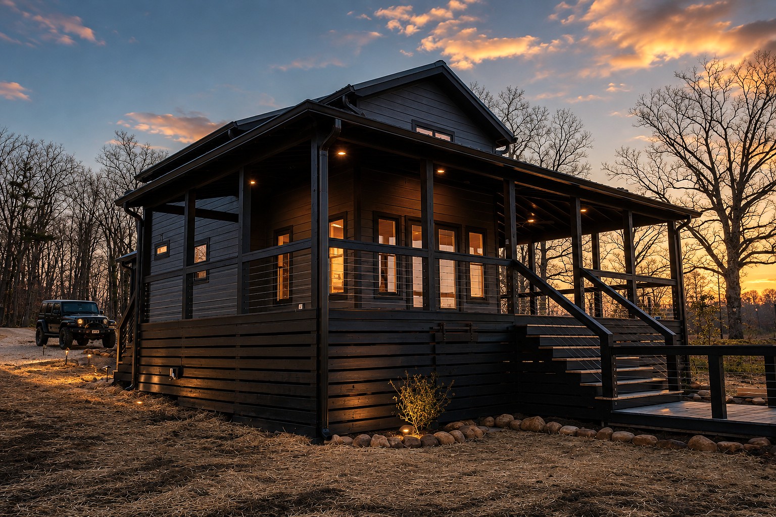 Retreat at Water's Edge cabin glowing at dusk with string lights along the eaves.