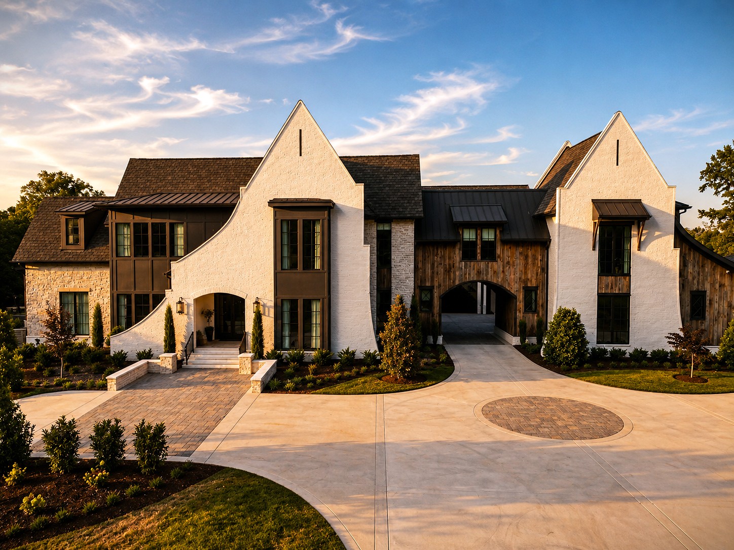Aerial view of a large European-style estate built by Cornerstone Construction, with a circular motor court.