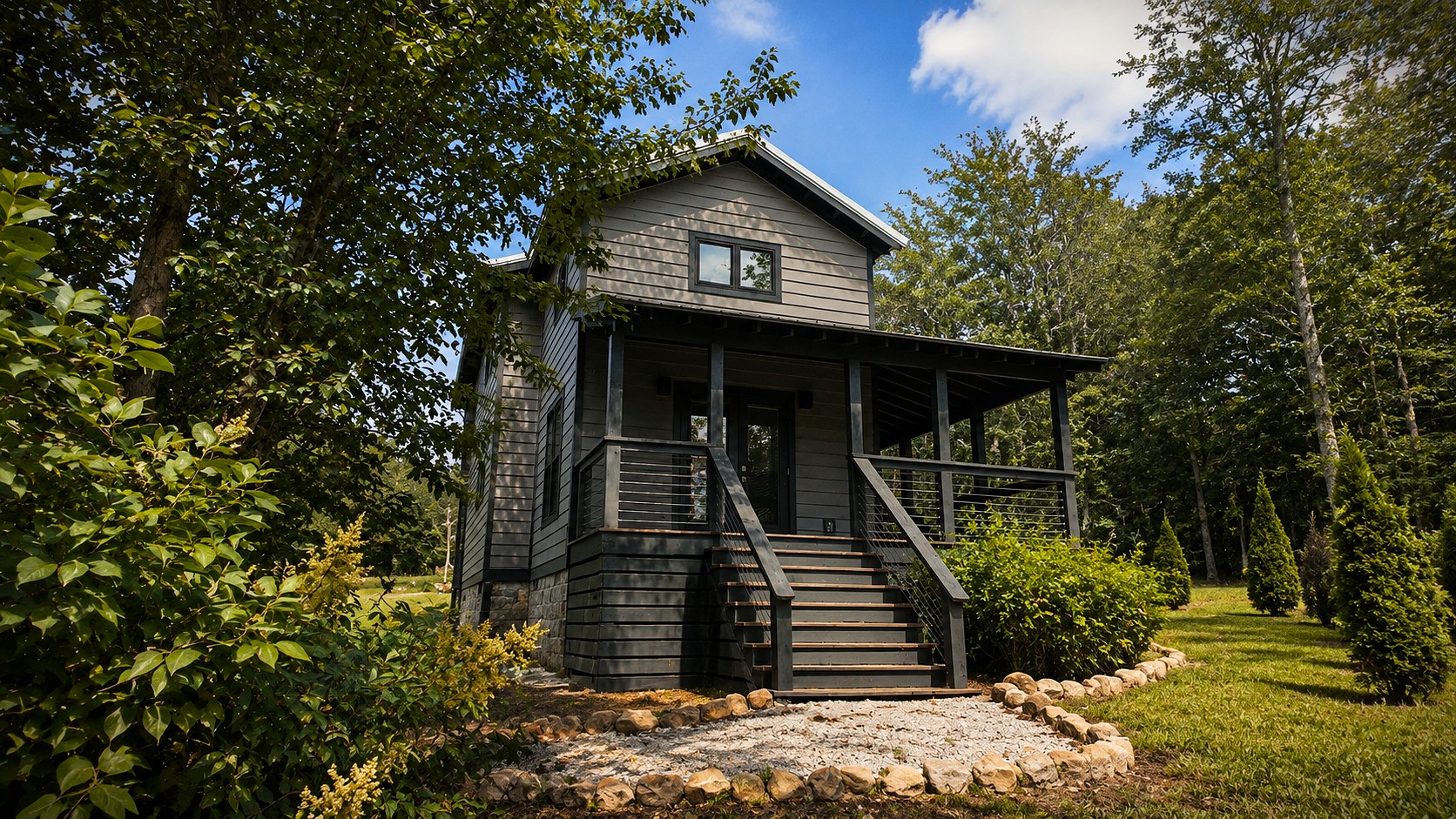 Retreat at Water's Edge cabin with a covered wraparound deck, set in a wooded lot.