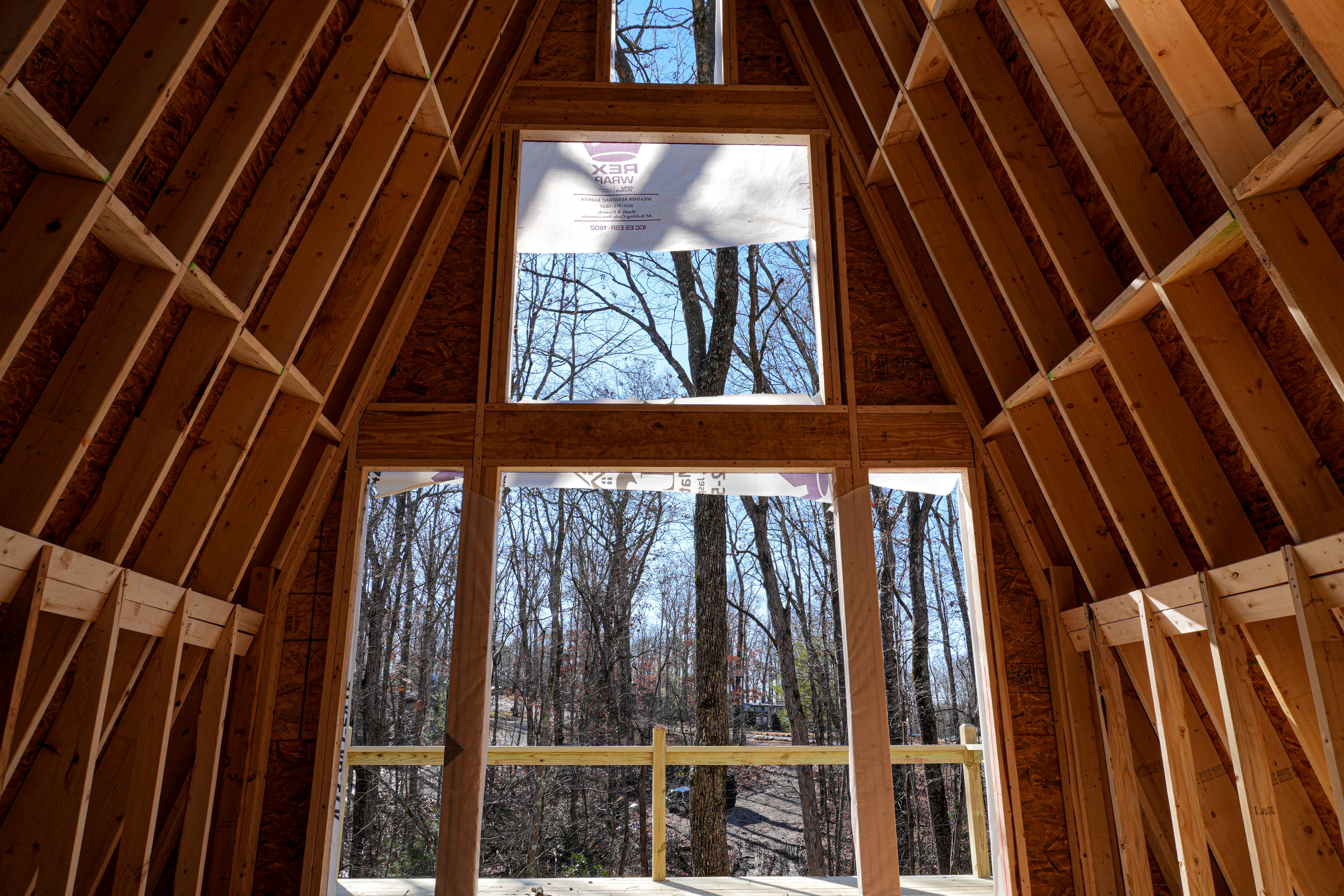 Interior framing of a Retreat at Water's Edge cabin under construction, looking out to the surrounding trees.