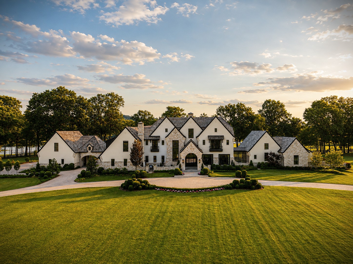 Wide aerial view of a large Castle Homes estate with stone and stucco exterior at sunset.